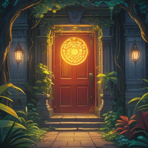 A symbolic illustration of a door opening to a new stage in life, vibrant rays of light streaming through, lush greenery surrounding the door, a pathway leading into the unknown, butterflies fluttering around, a sense of hope and adventure, bright colors, inspirational atmosphere, 4k