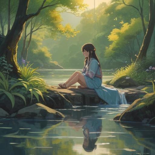 A serene and mystical landscape, soft ethereal light illuminating a gentle stream, a figure sitting peacefully by the water's edge, surrounded by lush greenery and blooming flowers, symbolic representations of hope and new beginnings, a subtle aura of spiritual awakening, a sense of tranquility and acceptance, dreamlike atmosphere, 4k