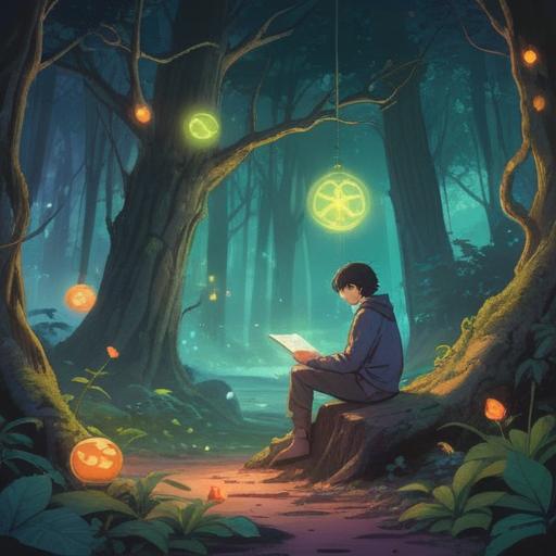 A serene landscape with a person sitting in contemplation, surrounded by soft glowing light, ethereal symbols in the air, gentle forest setting, subtle hints of nature's beauty, warm and peaceful atmosphere, spiritual guidance visible through light rays, 4k