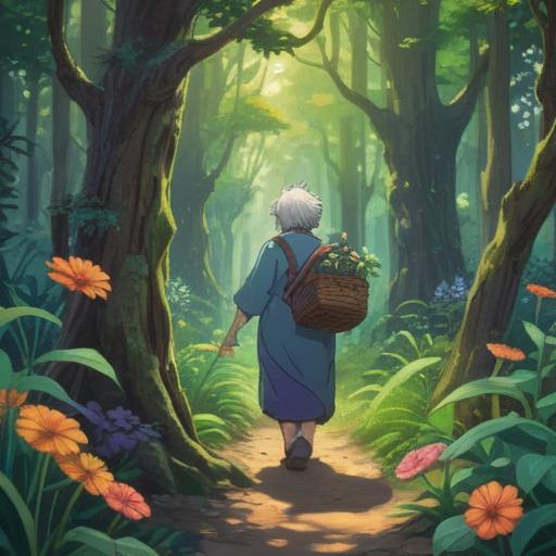 A serene forest scene, an elderly person trimming trees with care, surrounded by lush greenery and vibrant flowers, soft sunlight filtering through branches, a sense of tranquility and connection to nature, illustrating the spiritual significance of pruning, harmonious and meditative atmosphere, 4k