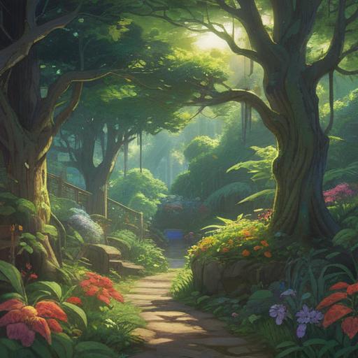 A serene garden scene, featuring a skilled gardener trimming trees, sunlight filtering through lush foliage, symbolic representations of spiritual growth, vibrant blossoms around, an aura of tranquility, clear blue sky above, peaceful atmosphere, harmonious connection with nature, soft focus on the details, 4k