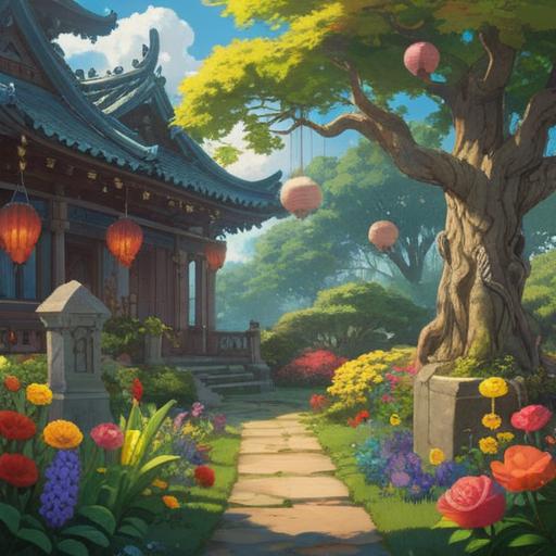 A serene garden scene after pruning trees, showcasing lucky items like a small statue, wind chimes, and vibrant flowers, bright sunlight filtering through leaves, peaceful ambiance, detailed textures on items, inviting atmosphere, nature-inspired details, 4k