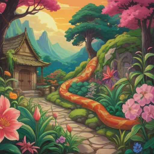 A serene garden scene with a snake gently slithering through vibrant flowers, representing transformation and renewal, lush greenery surrounding, soft sunlight filtering through the leaves, peaceful atmosphere, intriguing symbolism, 4k