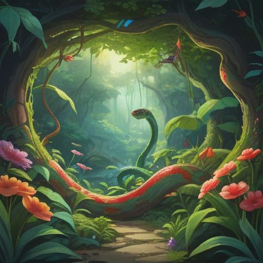 A serene garden scene, a snake gracefully slithering through lush greenery, vibrant flowers blooming, sunlight filtering through leaves, symbolizing transformation and spiritual growth, peaceful ambiance, harmonious relationship with nature, 4k