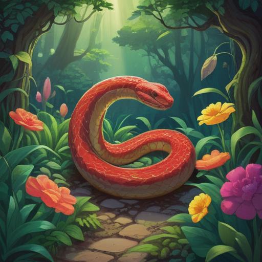 A serene garden scene, featuring a colorful snake, lush greenery, vibrant flowers, a feeling of calmness, lucky items scattered around, such as a four-leaf clover and a horseshoe, soft sunlight filtering through the leaves, enchanting atmosphere, inviting tranquility, 4k