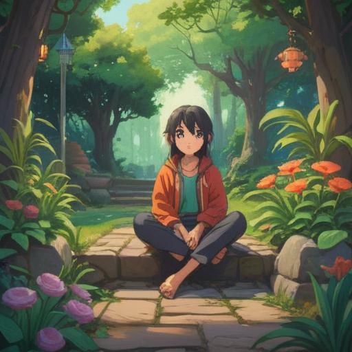 A serene garden setting, a person sitting cross-legged on a stone pathway, meditative expression, lush greenery surrounding, glimpses of a snake slithering away, soft sunlight filtering through the leaves, calming atmosphere, gentle breeze rustling the flowers, tranquil mindfulness practice, harmonious connection with nature, 4k