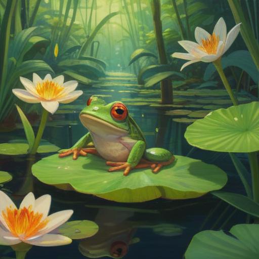 A serene garden scene, frog perched on a lily pad, vibrant green foliage surrounding, gentle sunlight filtering through leaves, symbolic representation of transformation and renewal, tranquil water reflecting the sky, harmonious connection with nature, spiritual essence of amphibians, 4k