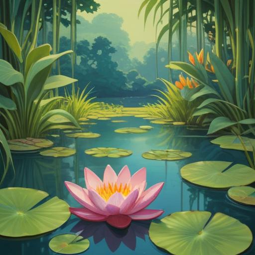 A serene garden scene featuring a frog perched on a lily pad, surrounded by lush greenery, tranquil pond waters reflecting soft sunlight, vibrant flowers blooming, spiritual symbols subtly integrated into the landscape, harmonious atmosphere, evoking a sense of peace and good fortune, 4k