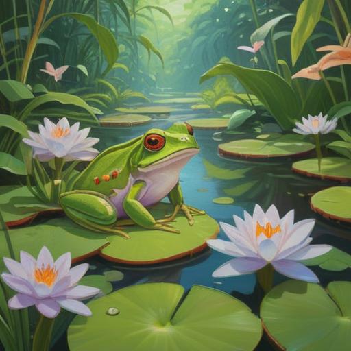A serene garden scene, a frog sitting peacefully on a lily pad, lush greenery surrounding, vivid flowers blooming, soft sunlight filtering through leaves, ethereal atmosphere, hints of spiritual symbols in the background, tranquil vibe, nature's harmony, 4k