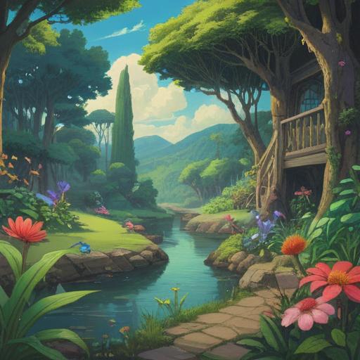 A serene garden scene with lush greenery, vibrant flowers, and playful frogs, a picturesque landscape that exudes tranquility and abundance, a cozy seating area surrounded by blooming plants, soft sunlight filtering through the leaves, emphasizing the connection between nature and prosperity, harmonious colors, peaceful atmosphere, 4k