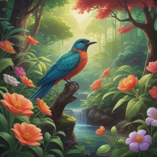A serene garden scene, vibrant flowers surrounding a lifeless bird, soft morning light filtering through the leaves, an aura of tranquility, symbolic representation of transition, subtle hints of spirituality, peaceful yet melancholic atmosphere, nature's cycle depicted, 4k