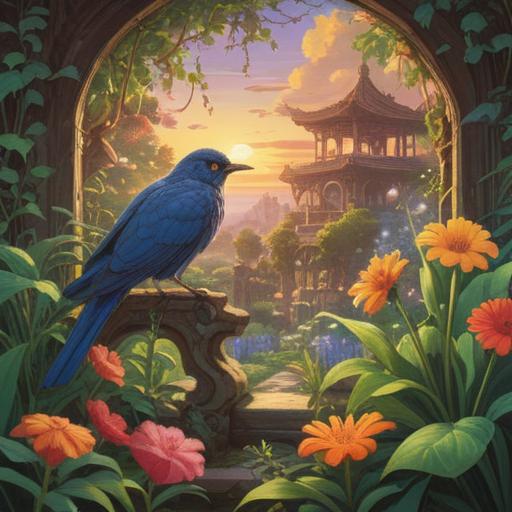 A spiritually significant scene, a garden with a deceased bird, symbolic flowers and plants surrounding, soft sunlight filtering through leaves, serene yet melancholic atmosphere, hints of nature's cycle, subtle spiritual symbolism, reflective mood, 4k