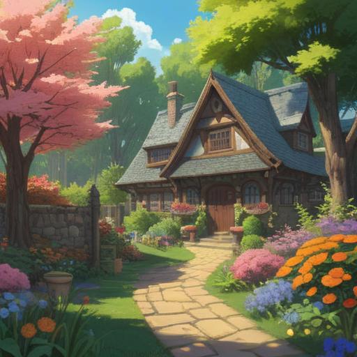 A serene garden scene, a tranquil atmosphere, scattered lucky charms and trinkets, vibrant flowers blooming, gentle sunlight filtering through trees, a feeling of healing and remembrance, a peaceful bird statue, soft colors, harmonious composition, 4k