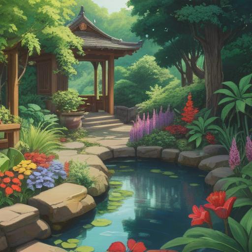 A serene garden design promoting peace and tranquility, vibrant flowers in full bloom, gentle sunlight filtering through lush green leaves, soothing water features, inviting pathways for reflection, butterflies dancing in the air, harmonious balance of colors and textures, a cozy seating area surrounded by nature, 4k