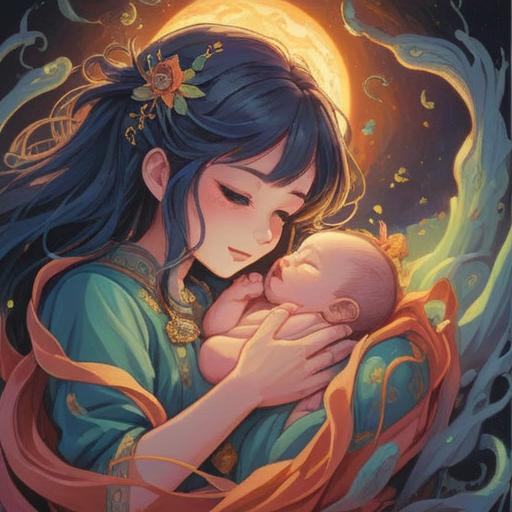 A serene illustration of a newborn being cradled by a gentle light, symbolizing spiritual rebirth, surrounded by ethereal patterns and soft, glowing aura, an abstract representation of life and strength, peaceful and comforting environment, emphasizing connection between mother and child, 4k