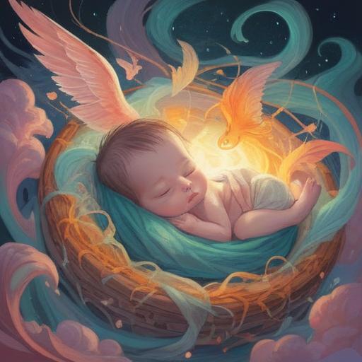 A serene and uplifting illustration of a newborn baby, surrounded by gentle light, symbolizing spiritual awakening, ethereal connections, soft pastel colors, peaceful atmosphere, nature elements like flowers and butterflies, conveying positivity and hope, 4k