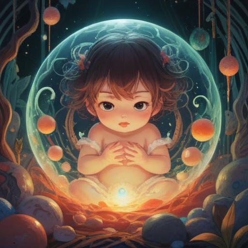 A serene and ethereal illustration, depicting a newborn surrounded by gentle light, symbols of spiritual awareness like subtle halos and glowing orbs, a soft and nurturing environment, hints of celestial imagery in the background, emphasizing connection to higher realms, warm and inviting colors, mystical aura, harmonious composition