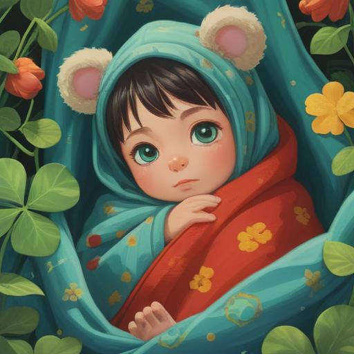 A serene and uplifting illustration of a baby wrapped in a soft blanket, surrounded by symbolic lucky items such as a four-leaf clover, a small blue bird, and a protective amulet, bright and cheerful colors, gentle light shining down, an atmosphere of hope and new beginnings, soft floral patterns in the background, emphasizing the theme of joy and protection, 4k