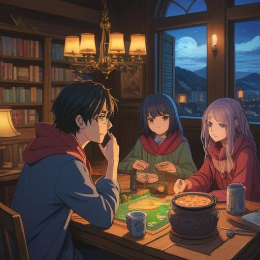 A cozy indoor scene illuminated by candlelight, people gathered around a table playing board games, warm blankets draped over chairs, a cat curled up near a flickering candle, soft shadows dancing on the walls, serene expressions on faces, a sense of connection and tranquility, 4k