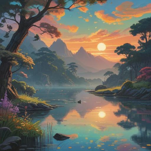 A tranquil scene representing a sense of stagnation with spiritual undertones, serene landscape, still water reflecting the sky, gentle breeze rustling the leaves, a solitary figure in meditation, subtle light illuminating the surroundings, a mix of nature and stillness, introspective atmosphere, symbolic elements indicating growth and transformation, 4k
