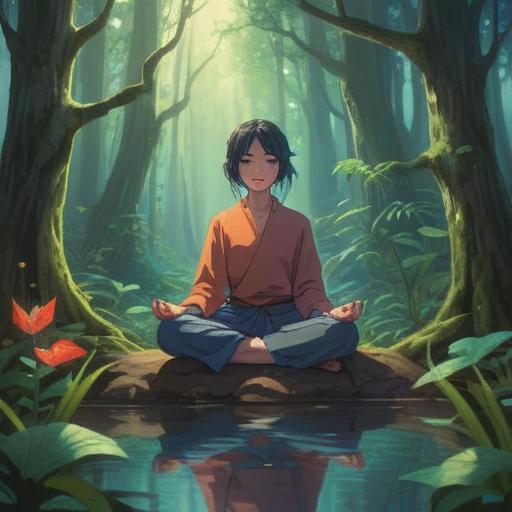 A serene and introspective illustration, a figure meditating in a tranquil forest, ethereal light filtering through the trees, symbolizing spiritual guidance, gentle flowing stream nearby, lush greenery, soft, harmonious colors, representing stagnation as a period of reflection, peaceful atmosphere, 4k