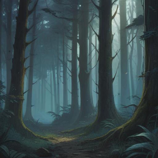 A surreal illustration depicting a dark, misty forest, ominous shadows lurking between the trees, a feeling of stillness and unease, ethereal spirits hovering, symbols of stagnation like withered branches, faint glowing orbs, contrasting shadows and light, a sense of foreboding, spiritual elements intertwined with nature, 4k