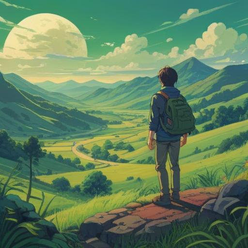 A vibrant illustration of a person standing at the edge of a scenic landscape, symbolizing a new beginning, lush green hills in the background, a sunrise symbolizing hope and opportunity, multiple creative tools like paintbrushes and notebooks scattered around, an atmosphere filled with inspiration and energy, optimistic expression on the character's face, warm colors, dynamic composition, 4k