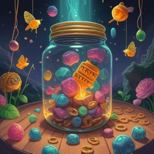 A vibrant and motivational illustration depicting a collection of lucky charms for overcoming hypoglycemia, featuring a glowing honey jar, a health booklet, cheerful fruit icons like bananas and apples, a cute cartoonish glucose meter, surrounded by a supportive atmosphere, bright colors, positive energy, whimsical design, 4k