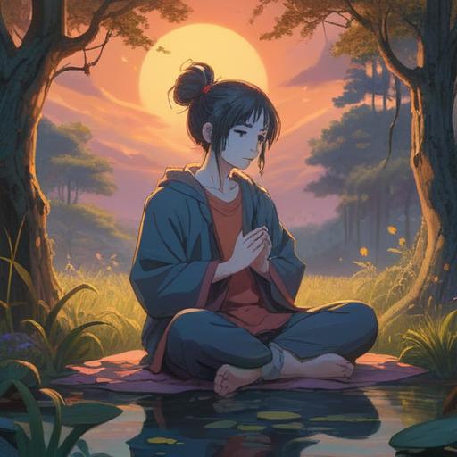 A serene and mystical scene depicting a person sitting in a tranquil environment, one hand placed on their ear, deep in meditation, soft ethereal light surrounding them, swirling colors representing sound waves, nature in the background, symbolizing spiritual awakening, calm and introspective atmosphere, 4k