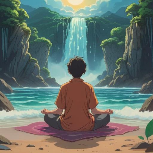 A serene scene depicting a person meditating in a tranquil environment, surrounded by soft waves of low-frequency sound visualizations, ethereal light forming patterns in the air, spiritual symbols subtly appearing, a sense of calm and enlightenment, nature elements like flowing water and lush greenery, harmonious atmosphere, 4k