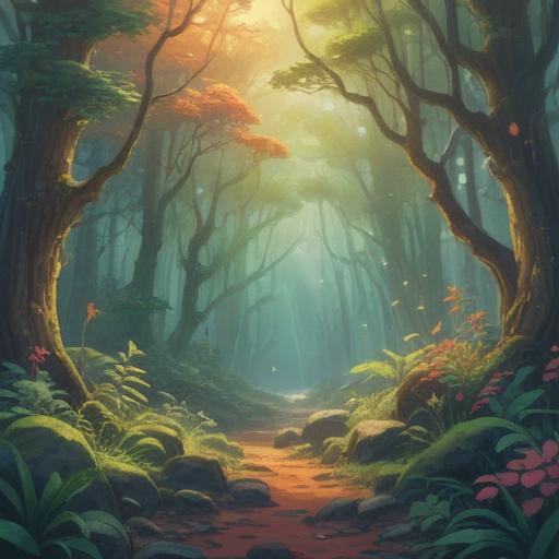 A serene and mystical forest scene, soft light filtering through the trees, a gentle mist rising from the ground, symbolic representations of spiritual signs like feathers and crystals scattered around, a figure meditating peacefully, embodying tranquility and deep connection to the universe, ethereal atmosphere, calm and reflective mood, 4k