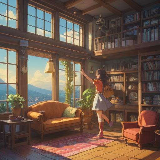 A motivational scene depicting a person performing a lucky action to boost their energy, bright sunlight streaming through a window, a cozy room filled with plants and uplifting quotes on the walls, the person smiling and engaging in a joyful activity, vibrant colors, dynamic composition, sense of movement and vitality, 4k