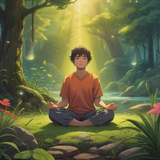 A serene scene depicting a person meditating in a tranquil environment, surrounded by vibrant nature, glowing energy particles, soft sunlight filtering through trees, a peaceful lake reflecting the sky, harmonious energy flow, embodying positive habits, inner transformation, renewal, balance, 4k