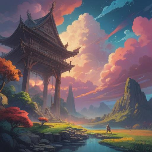 A mystical scene featuring hanging clouds, ethereal light streaming through, serene landscape below, tranquil atmosphere, subtle hints of spirituality, nature's beauty, symbolic representations of guidance, peaceful ambiance, 4k