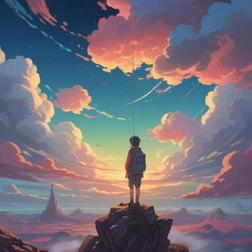 A serene scene of a person gazing at hanging clouds in the sky, feeling a sense of calm and tranquility, surrounded by a peaceful landscape with gentle hills and a soothing river, soft sunlight filtering through the clouds, lucky charm objects scattered around, evoking feelings of hope and positivity, harmonious atmosphere, nature-inspired elements, 4k