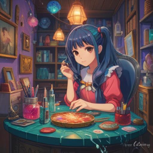 A whimsical scene depicting a person applying a sparkling nail polish, vibrant colors, magical sparkles floating in the air, a cozy vanity table filled with nail care products, a cheerful expression on the person's face, enchanting lighting, an atmosphere of joy and positivity, emphasizing the transformation of nails into beautiful works of art, 4k