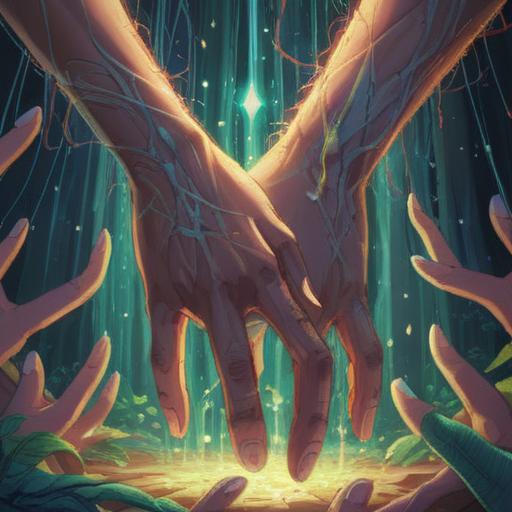 A detailed illustration of human hands with visible vertical lines on the nails, symbolic representation of spiritual meanings, serene atmosphere, soft light illuminating the hands, intricate patterns and textures on the nails, a background featuring abstract spiritual symbols, harmonious color palette, 4k