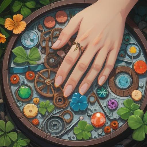A close-up view of a broken nail, surrounded by various lucky items like a four-leaf clover, a horseshoe, and a small bell, soft lighting to highlight the textures, vibrant colors, a soothing atmosphere, the items arranged artistically, emphasizing protection and positivity, 4k