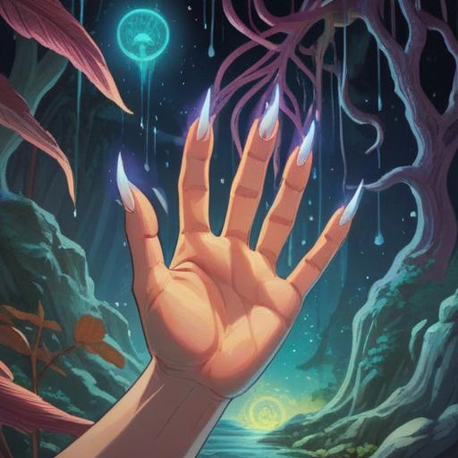 A mystical representation of a hand with rapidly growing nails, symbolic of spiritual awakening, ethereal glow surrounding the hand, vibrant energy emanating from the fingertips, detailed depiction of the nails, enchanting atmosphere, metaphysical symbolism, nature elements intertwined, soft light illuminating the scene, 4k