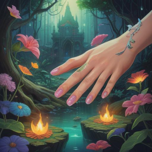 A mystical depiction of rapidly growing nails, symbolic representation of spiritual awareness, vibrant colors, ethereal background, hints of nature and energy flow, interconnected with the subconscious, atmospheric lighting, conveying a sense of urgency and intuition, 4k