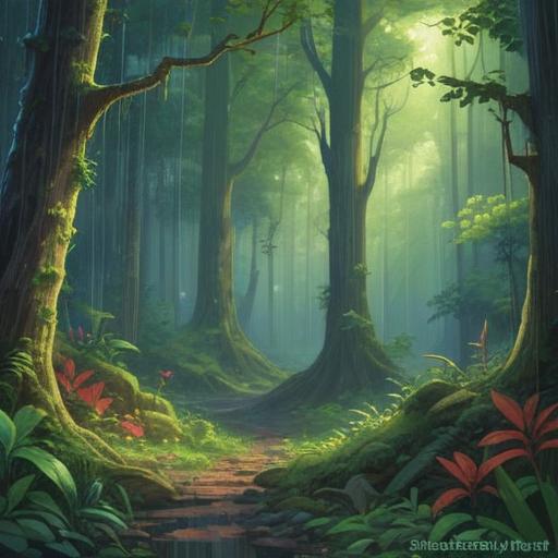 A serene and mystical scene depicting a sudden rain shower in a tranquil forest, soft light filtering through the trees, vibrant green foliage, puddles reflecting the sky, the air filled with a sense of renewal and cleansing, subtle rainbow in the distance, ethereal atmosphere, 4k