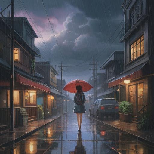 A spiritual scene depicting a sudden rain shower, vibrant colors, light breaking through dark clouds, a serene landscape, symbolism of renewal and hope, subtle hints of mystical elements, gentle raindrops on lush green leaves, calming ambiance, peaceful vibe in nature, 4k