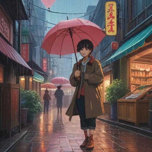 A vibrant scene of a sudden rain shower, colorful lucky items like umbrellas and charms, people joyfully preparing for the rain, puddles reflecting the sky, lush green surroundings, a sense of anticipation and happiness, playful atmosphere, detailed characters interacting with the rain, 4k