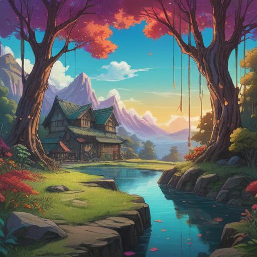 A mystical representation of gout, ethereal colors, symbolic elements of healing, a serene landscape, interconnectedness of body and spirit, visual metaphors for pain and relief, gentle flowing streams, soft glowing light, harmony and balance, 4k