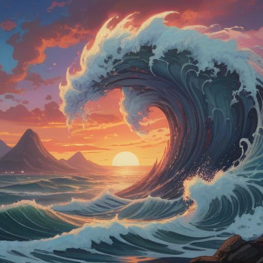 A surreal dreamscape depicting a tsunami, vibrant waves crashing against a serene beach, symbolic representations of spiritual awakening, ethereal light shining through the water, floating elements signifying emotions and intuition, harmonious blend of nature and spirituality, tranquil yet powerful atmosphere, 4k