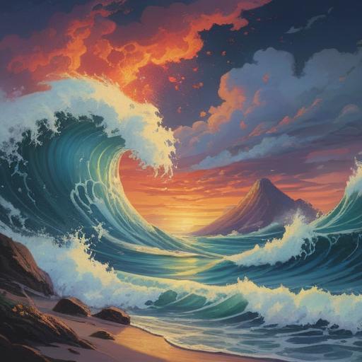 A surreal illustration of a tsunami wave, symbolizing spiritual awakening, vibrant colors capturing the energy of the wave, peaceful figures meditating on the shore, ethereal lights emerging from the wave, conveying hope and transformation, dreamlike atmosphere, harmonious blend of nature and spirituality, 4k