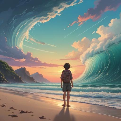 A serene beach landscape, gentle waves lapping at the shore, a rising tsunami in the distance, a person looking contemplative, spiritual symbols in the sky, a sense of foreboding yet calm, vibrant colors, nature’s beauty and danger intertwined, 4k