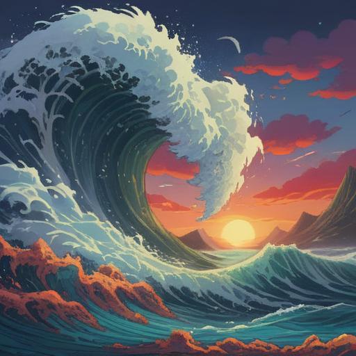 A surreal illustration of a giant wave symbolizing a tsunami, dreamlike atmosphere, bright colors, lucky items floating on the water's surface, hints of transformation and positivity, ethereal creatures interacting with the wave, serene sky in the background, vibrant energy, 4k