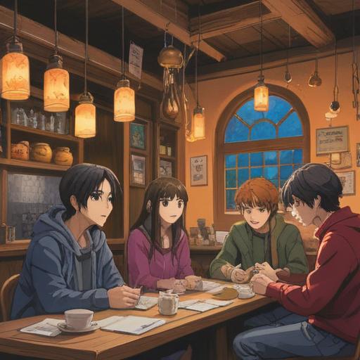 A visually engaging illustration of a diverse group of people sharing ideas in a cozy café, colorful sticky notes scattered around, collaborative atmosphere, warm lighting, thoughtful expressions, various laptops and books on the table, clear communication, 4k