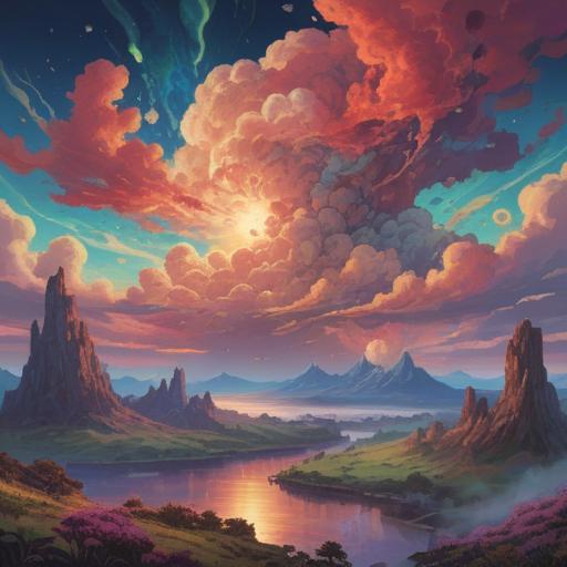 A surreal cloud formation in a vibrant sky, ethereal shapes merging and shifting, vivid colors representing spiritual energy, serene landscape below, tranquil nature setting, symbolic elements subtly integrated, captivating atmosphere, 4k